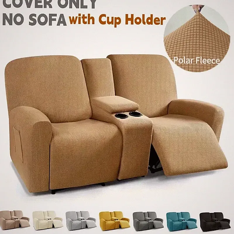 8pcs/set Recliner Covers Polar Fleece Elastic Couch Slipcovers with Cup Holder