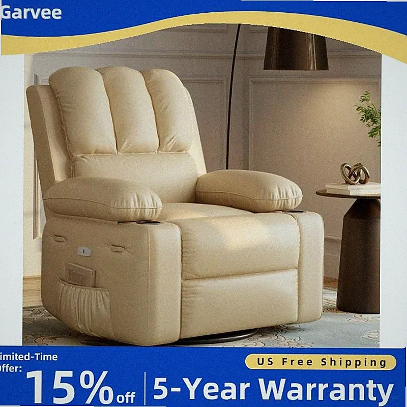Leather Power Recliner Chair Swivel Oversized Massage Heat USB Ports Side Pocket