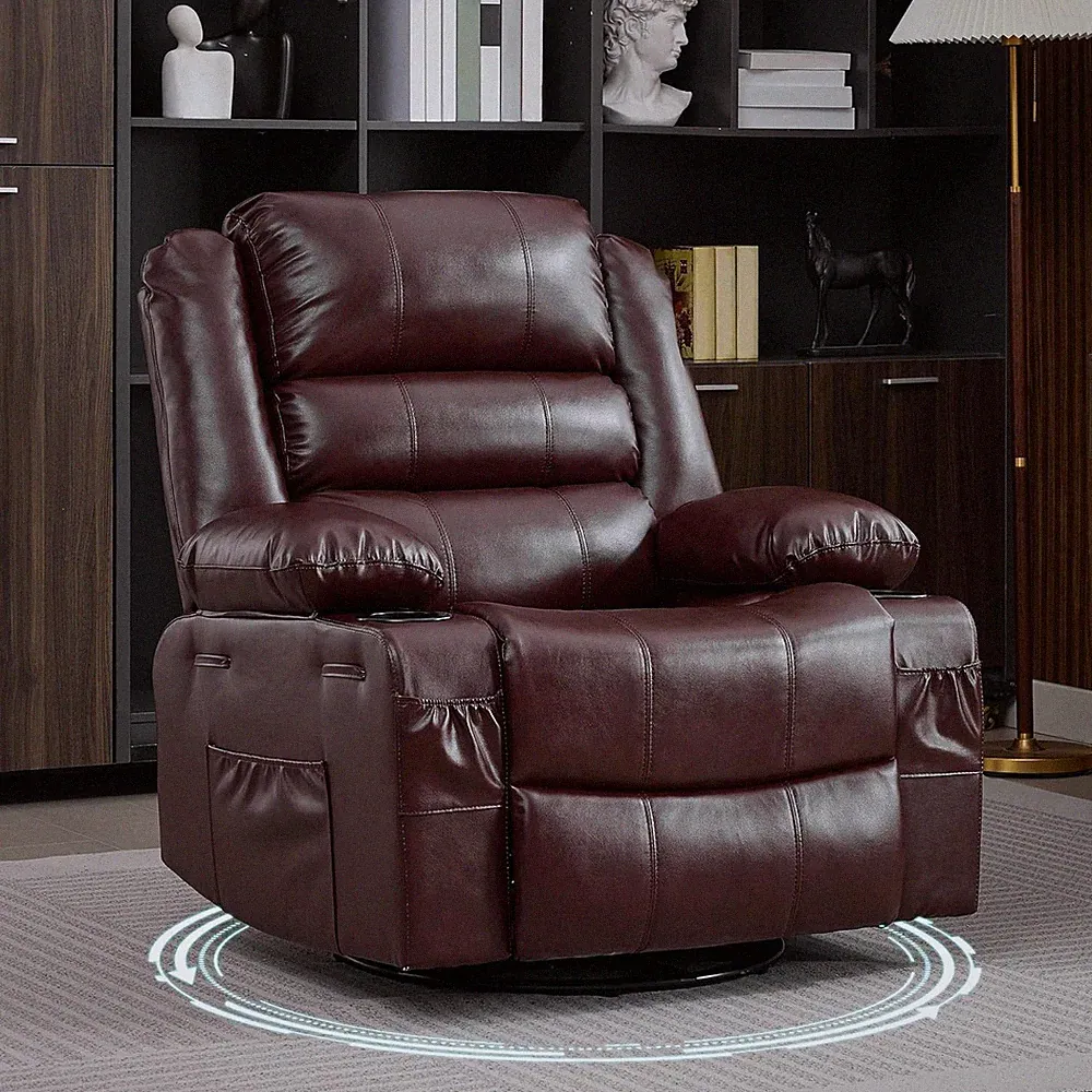 Oversized 360° Swivel Rocker Recliner Chair for Adults w/ Cup Holder Upholstered